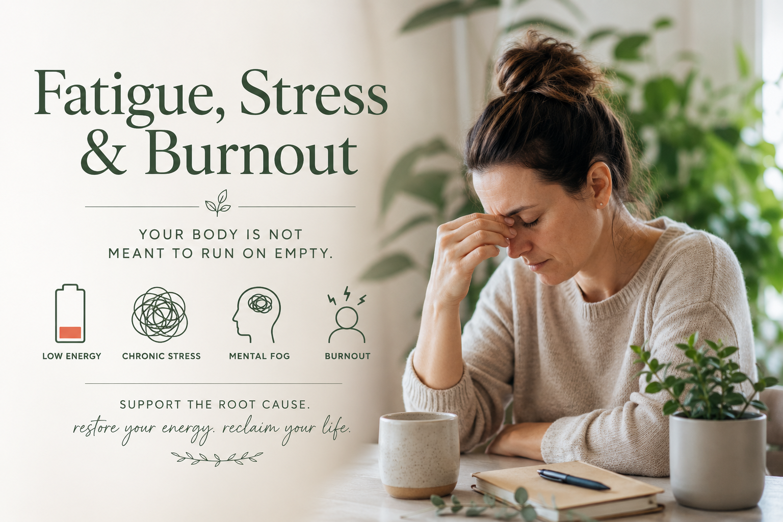 Woman experiencing fatigue and burnout sitting at a desk, accompanied by educational text about low energy, chronic stress, mental fog, and naturopathic support for recovery.