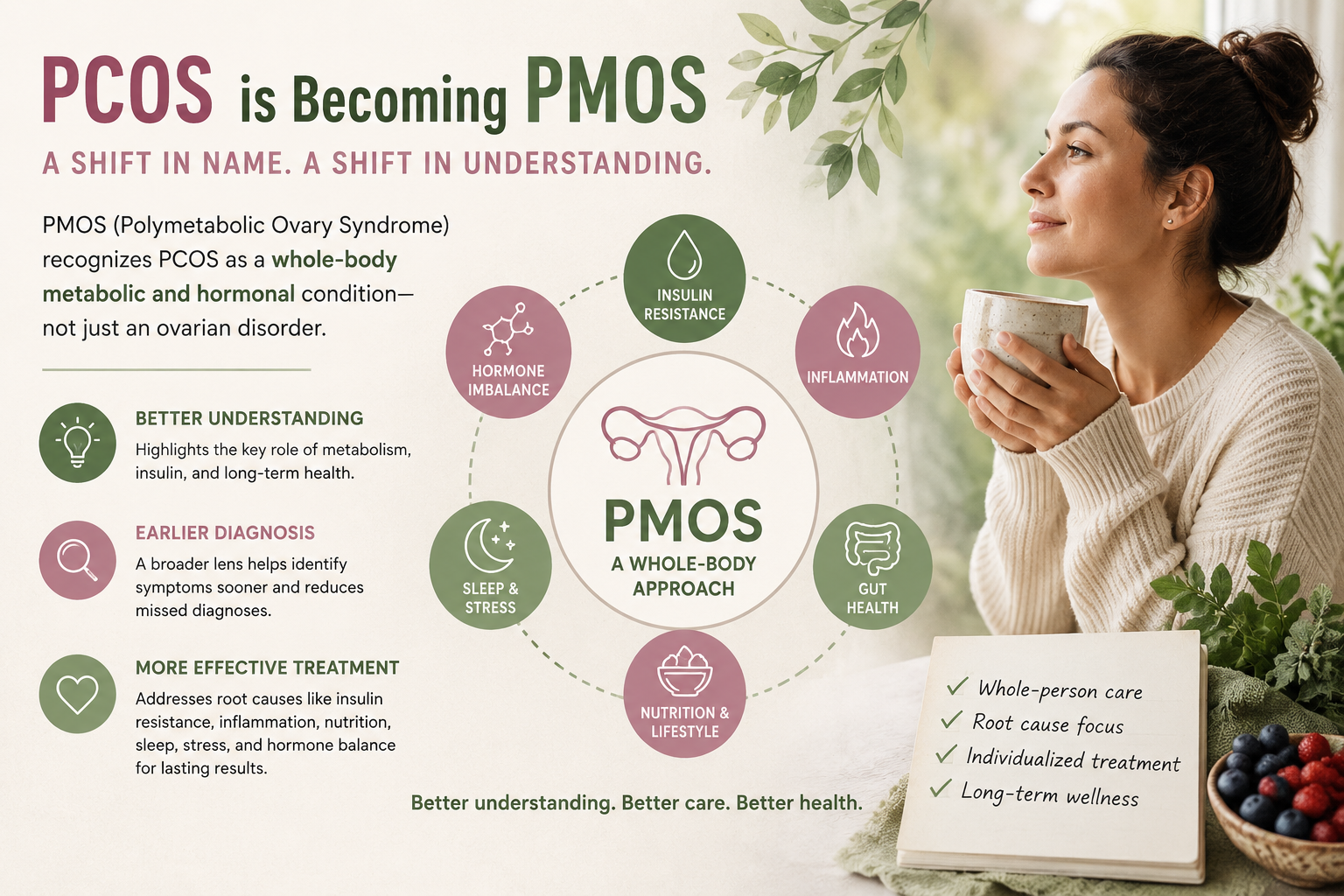 Infographic explaining the proposed shift from PCOS (Polycystic Ovary Syndrome) to PMOS (Polymetabolic Ovary Syndrome), highlighting the roles of insulin resistance, inflammation, gut health, hormone balance, nutrition, sleep, and lifestyle in women's health.